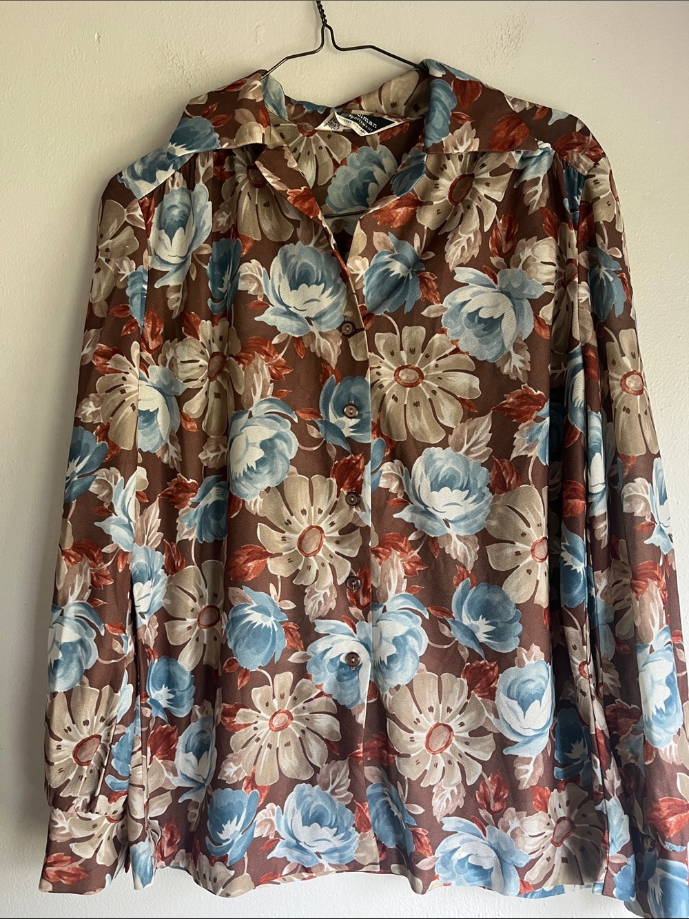 Vintage Alex ColemanFloral Button-Up Blouse in Brown, Blue & Cream